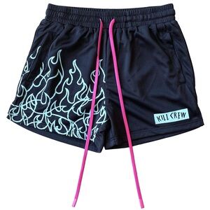 KILL CREW MUAY THAI FLAME SHORTS (MID THIGH CUT) -BLACK / TEAL, WMNS L, Athletic